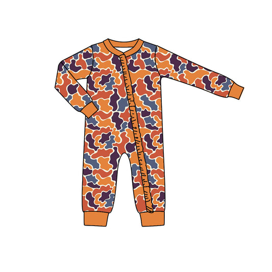 Baby Infant Girls Rompers Fall Navy Orange Camo Zip Long Sleeve Rompers preorder LR1405