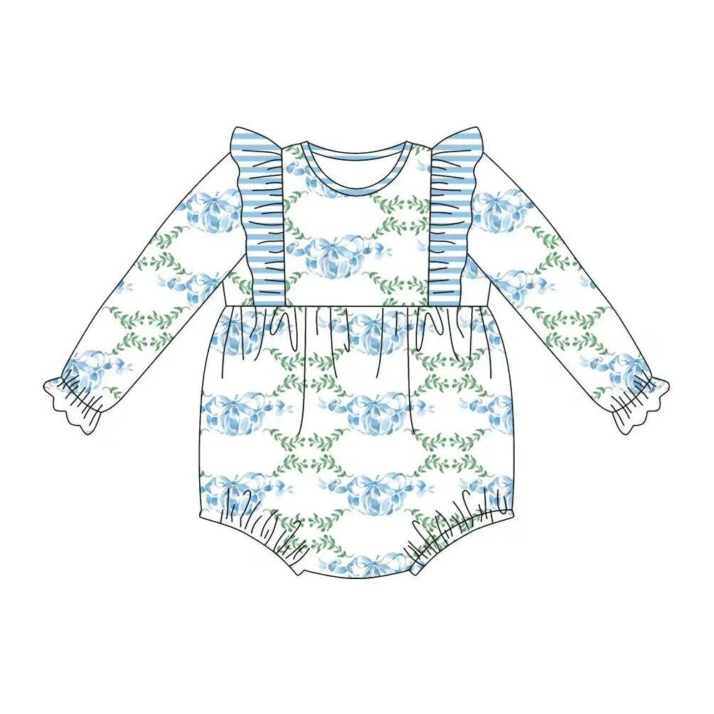 Baby Infant Girls Rompers Blue Pumpkins Bows Long Sleeve Rompers preorder LR1430