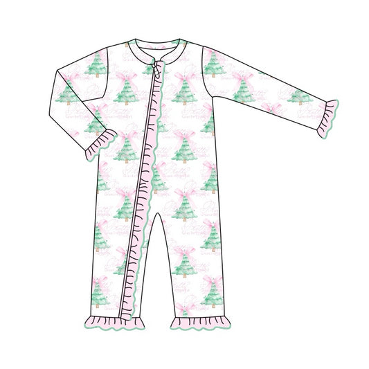 Baby Infant Girls Rompers Christmas Tree Pink Bows Long Sleeve Rompers preorder LR1518