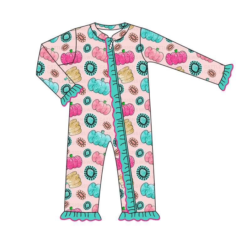 Baby Infant Girls Rompers Colorful Pumpkins Turquoise Zip Rompers preorder LR1527