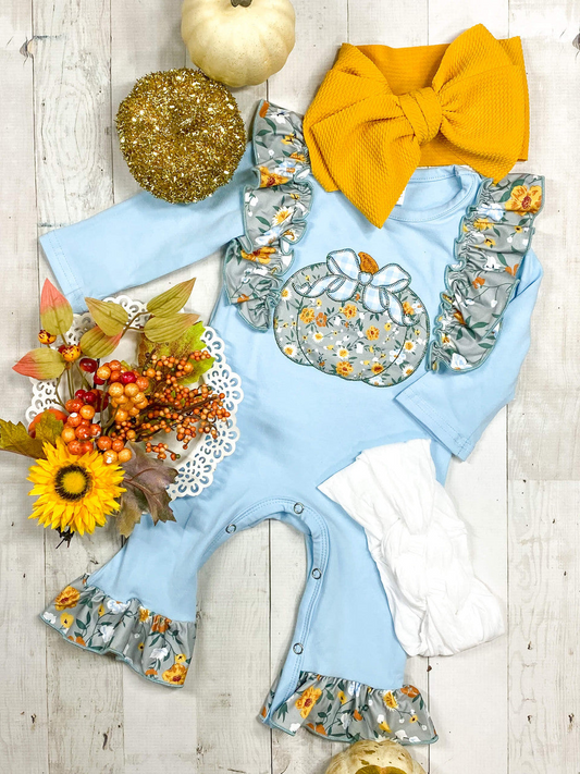 Baby Infant Girls Rompers Blue Floral Pumpkin Bow Rompers preorder LR1529