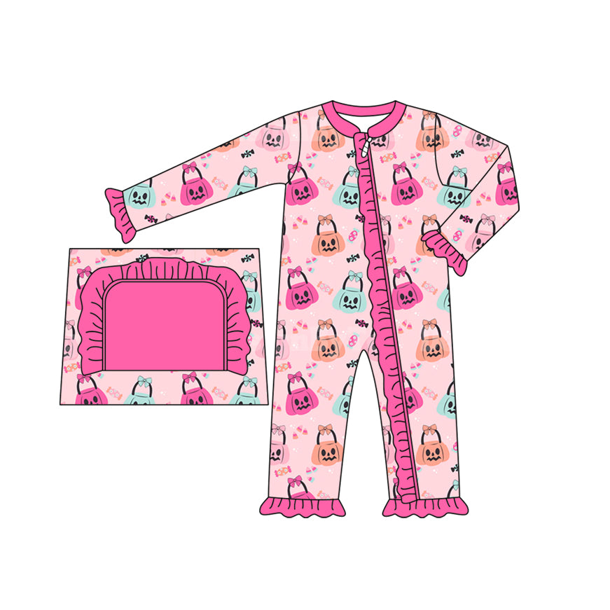 Baby Infant Girls Rompers Pink Halloween Pumpkins Zip Rompers preorder LR1540