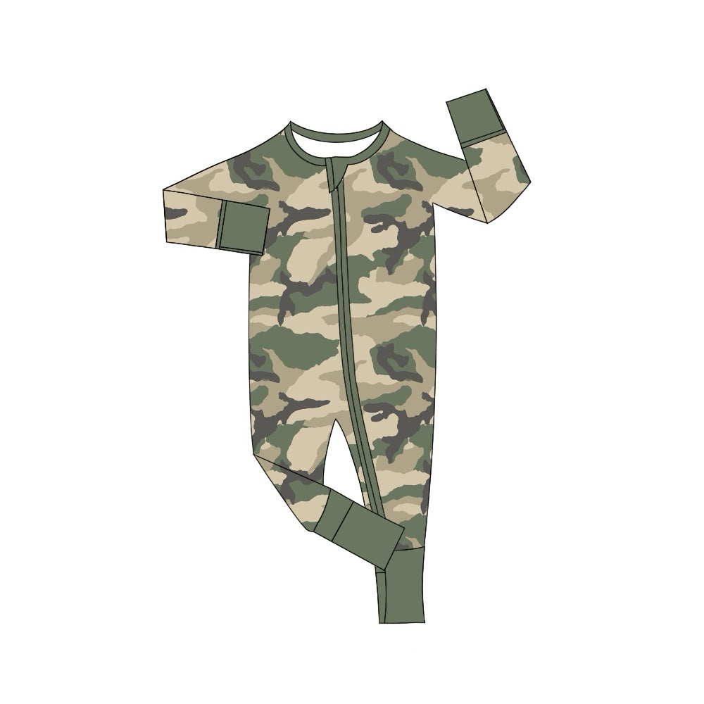 Baby Infant Boys Rompers Dark Green Camo Zip Long Sleeve Rompers preorder LR1547