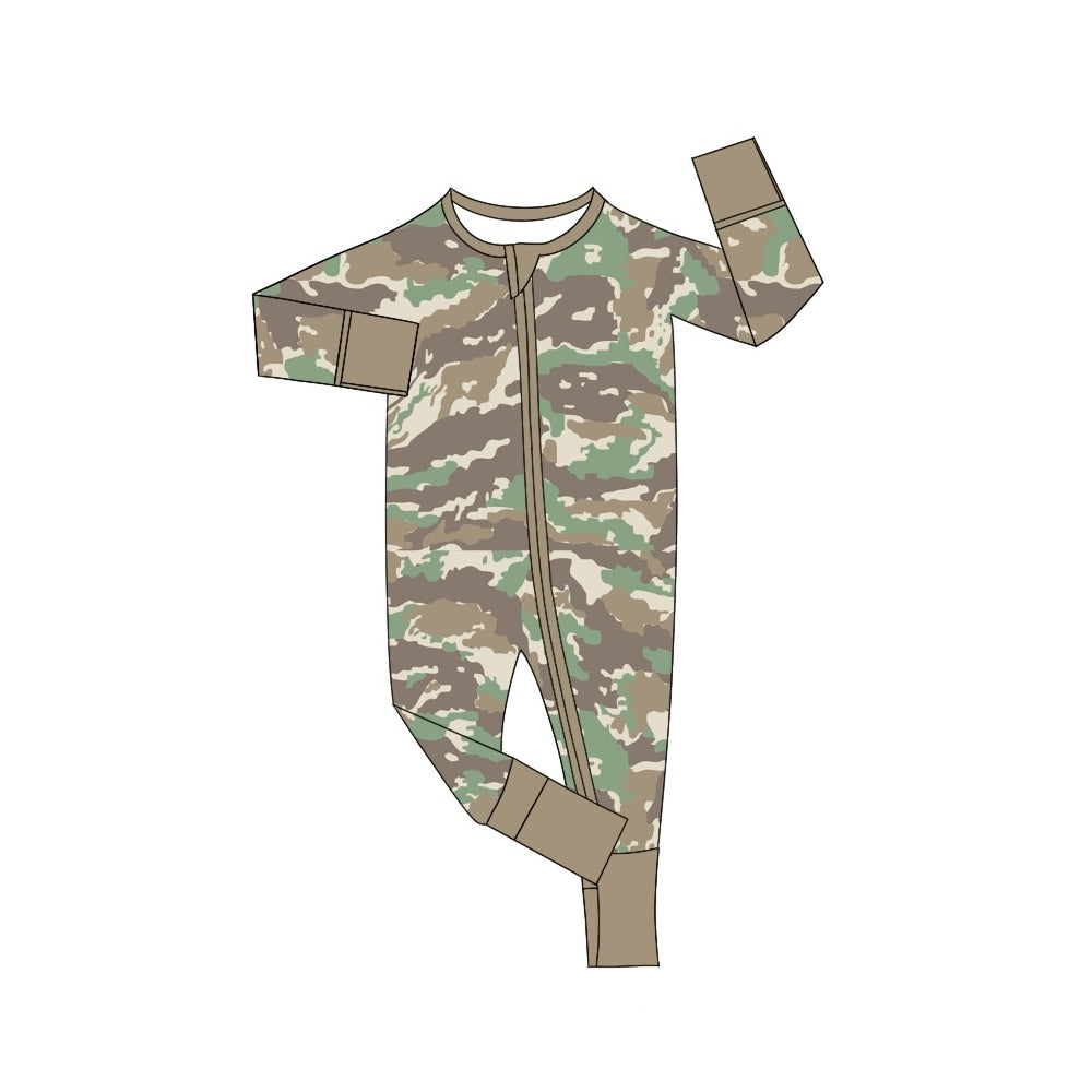 Baby Infant Boys Rompers Green Brown Camo Zip Long Sleeve Rompers preorder LR1548