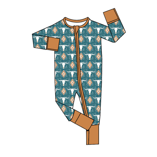 Baby Infant Boys Rompers Western Cows Aztec Zip Long Sleeve Rompers preorder LR1549