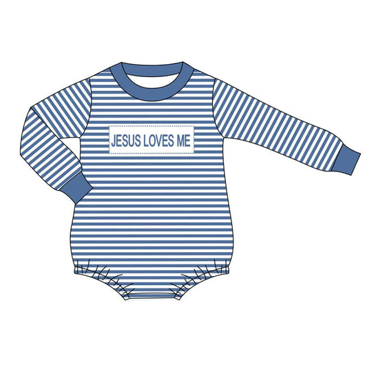 Baby Infant Boys Rompers Blue Stripes Jesus Loves Me Rompers preorder LR1556