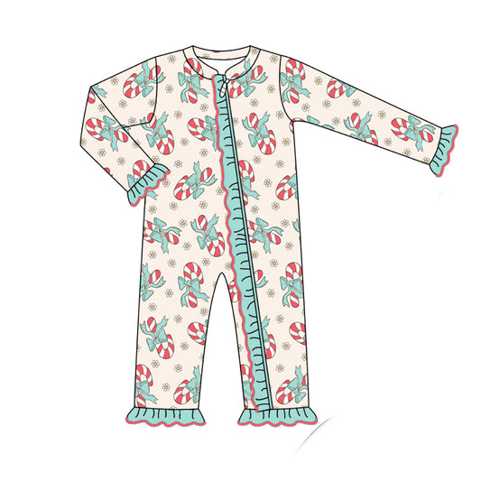 Baby Infant Girls Rompers Christmas Candy Cane Flowers Zip Rompers preorder LR1558