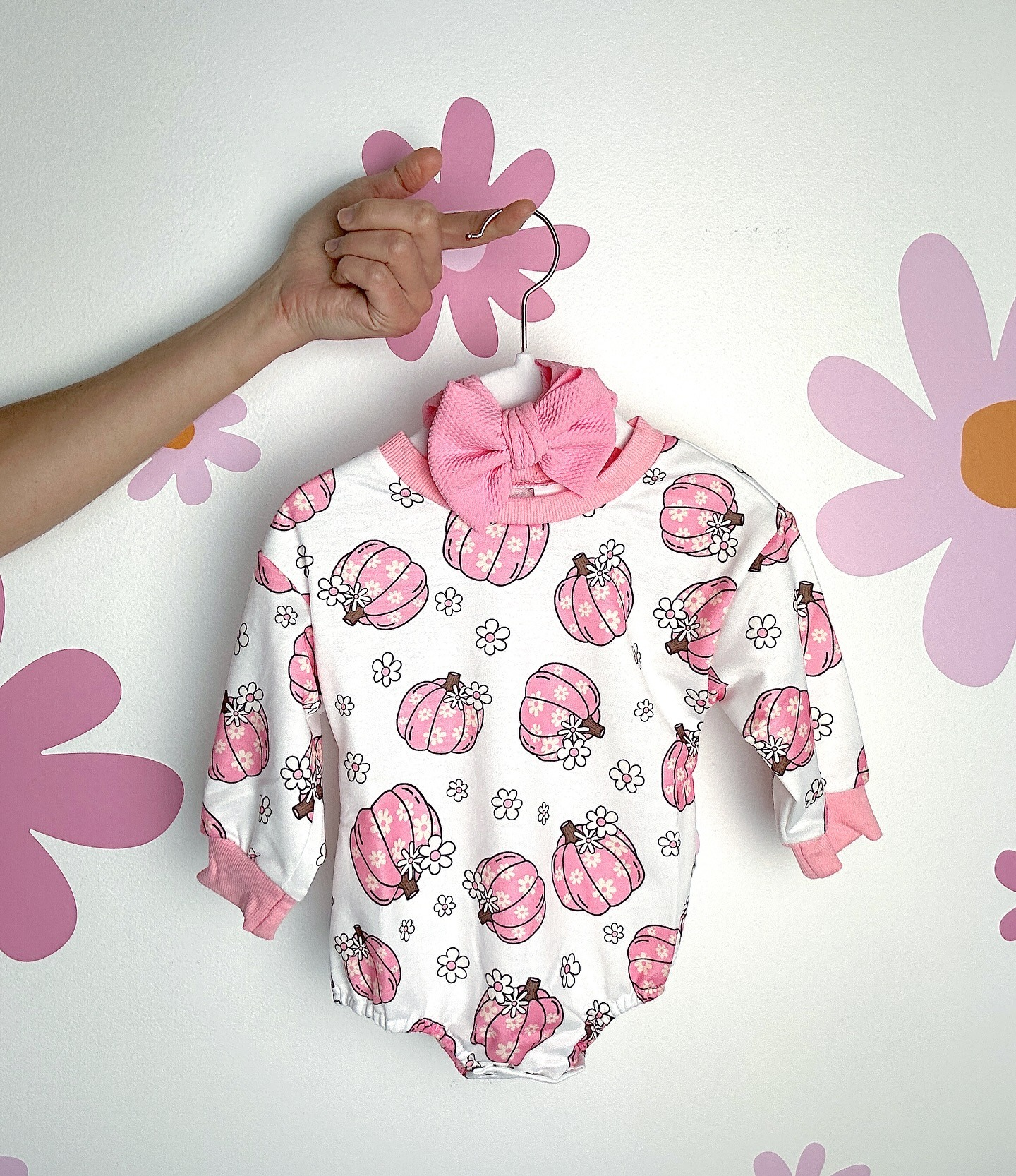 Baby Infant Girls Rompers Pink Pumpkins Flowers Long Sleeve Rompers preorder LR1577