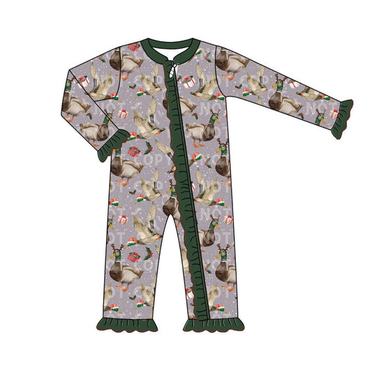 Baby Infant Girls Rompers Mallard Ducks Christmas Ruffles Zip Rompers preorder LR1606