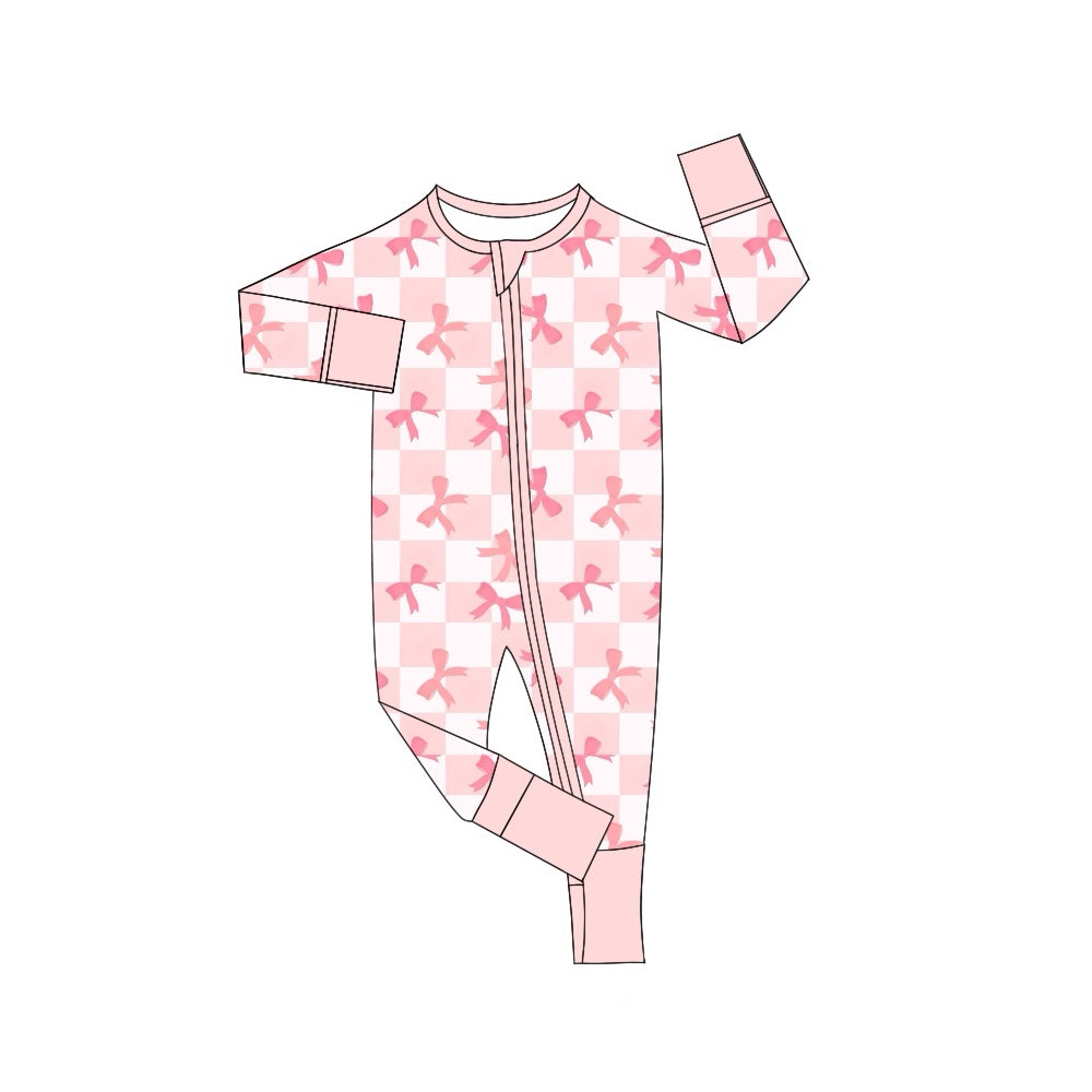 Baby Infant Girls Rompers Pink Checkered Bows Zip Rompers preorder LR1607