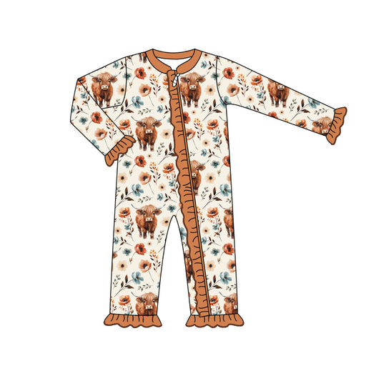 Baby Infant Girls Rompers Western Highland Cow Flowers Zip Rompers preorder LR1624