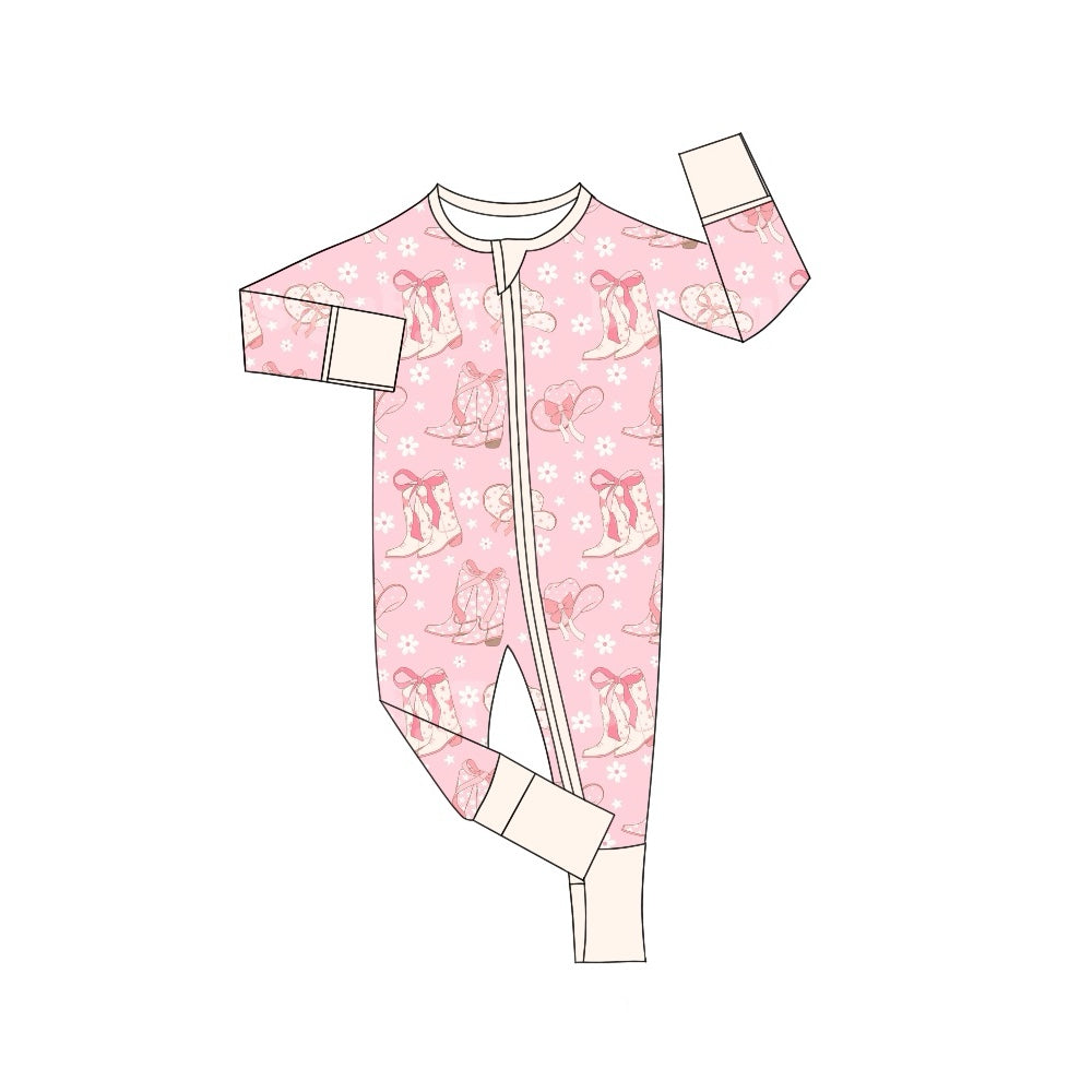 Baby Infant Girls Rompers Boots Flowers Pink Western Zip Rompers preorder LR1625