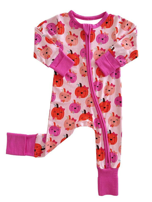 Baby Infant Girls Rompers Pink Pumpkins Fall Zip Rompers preorder LR1629