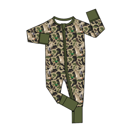 Baby Infant Boys Rompers Green Camo Ducks Zip Rompers preorder LR1646