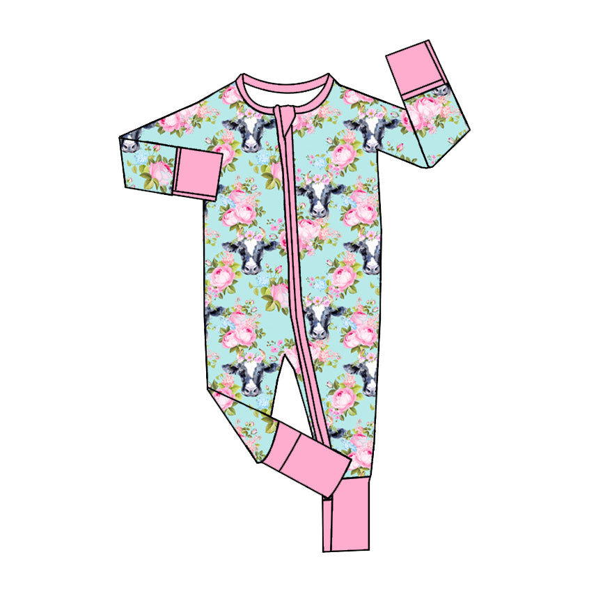 Baby Infant Girls Rompers Western Cow Flowers Zip Rompers preorder LR1647