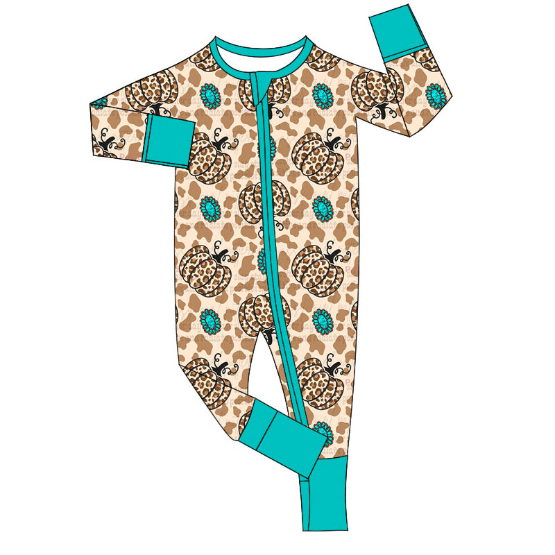 Baby Infant Girls Rompers Leopard Pumpkins Turquoise Zip Rompers preorder LR1688