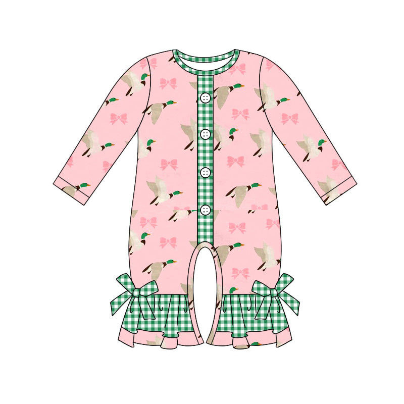 Baby Infant Girls Rompers Pink Mallard Ducks Buttons Bows Rompers preorder LR1689