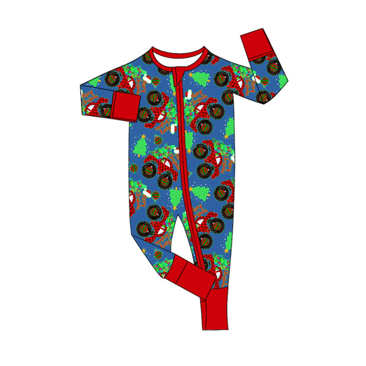 Baby Infant Boys Rompers Christmas Tree Trucks Zip Long Sleeve Rompers preorder LR1698