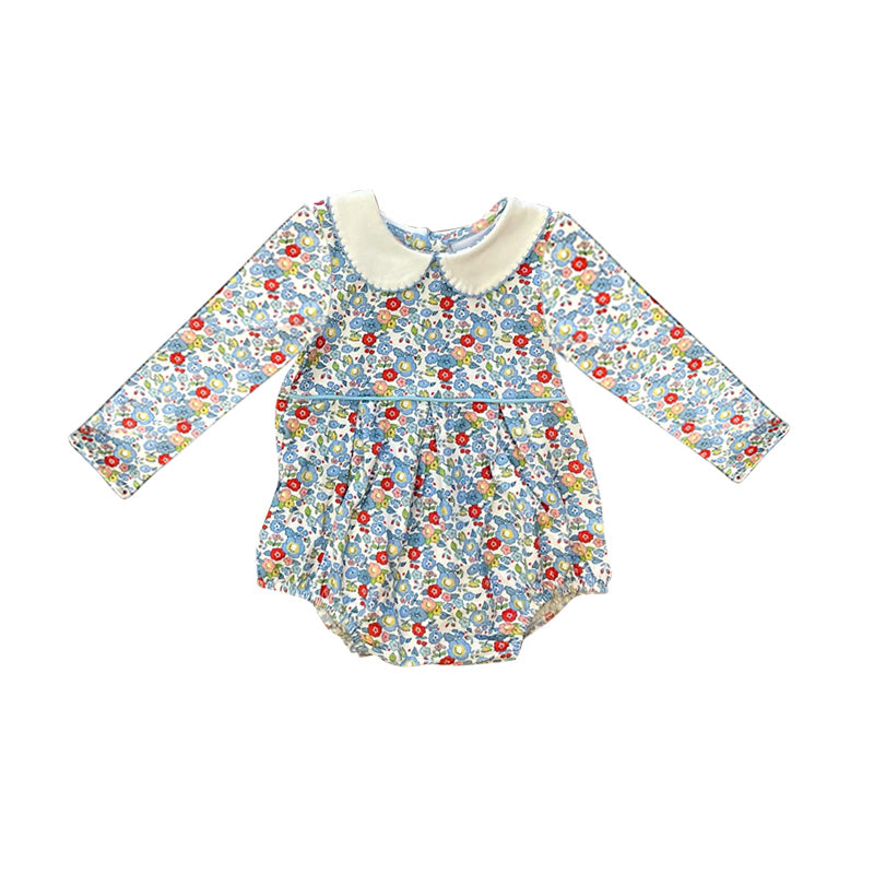 Baby Infant Girls Rompers Blue Small Flowers Long Sleeve Rompers preorder LR1716