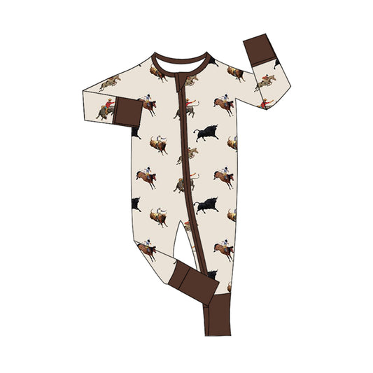 Baby Infant Boys Rompers Western Rodeo Cows Zip Long Sleeve Rompers preorder LR1748