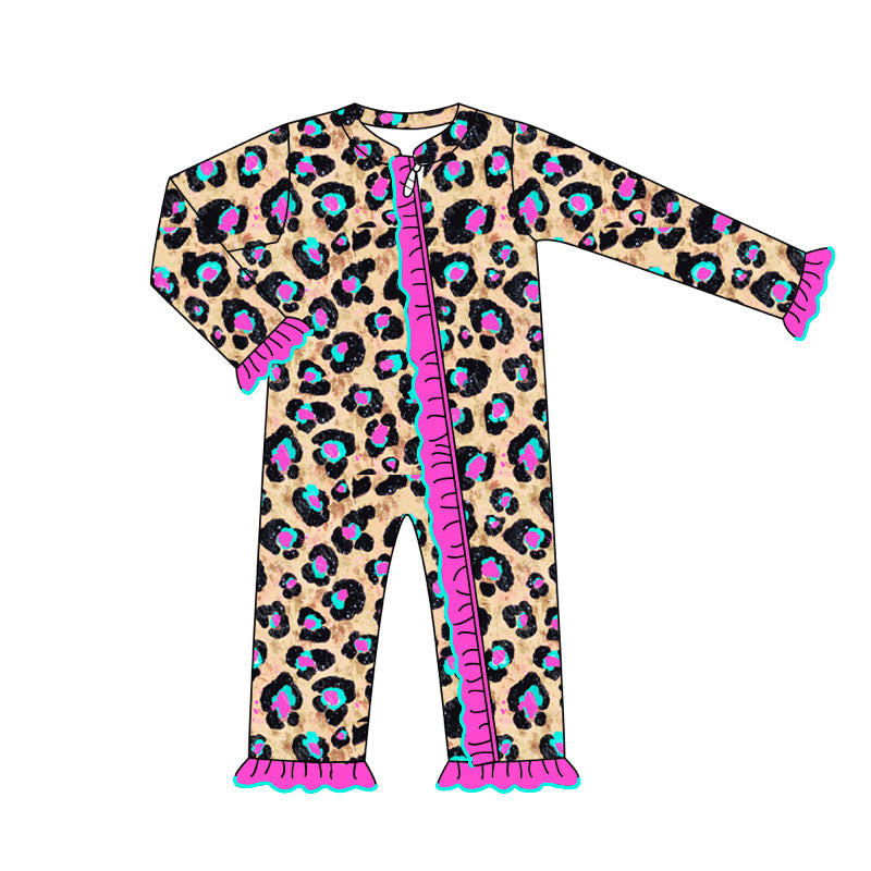 Baby Infant Girls Rompers Pink Leopard Ruffle Zip Rompers preorder LR1788