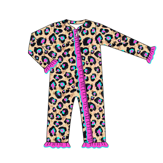 Baby Infant Girls Rompers Pink Leopard Ruffle Zip Rompers preorder LR1788