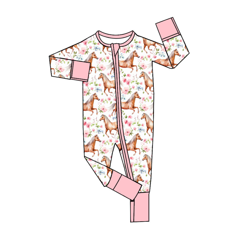 Baby Infant Girls Rompers Western Horse Flowers Long Sleeve Rompers preorder LR1808