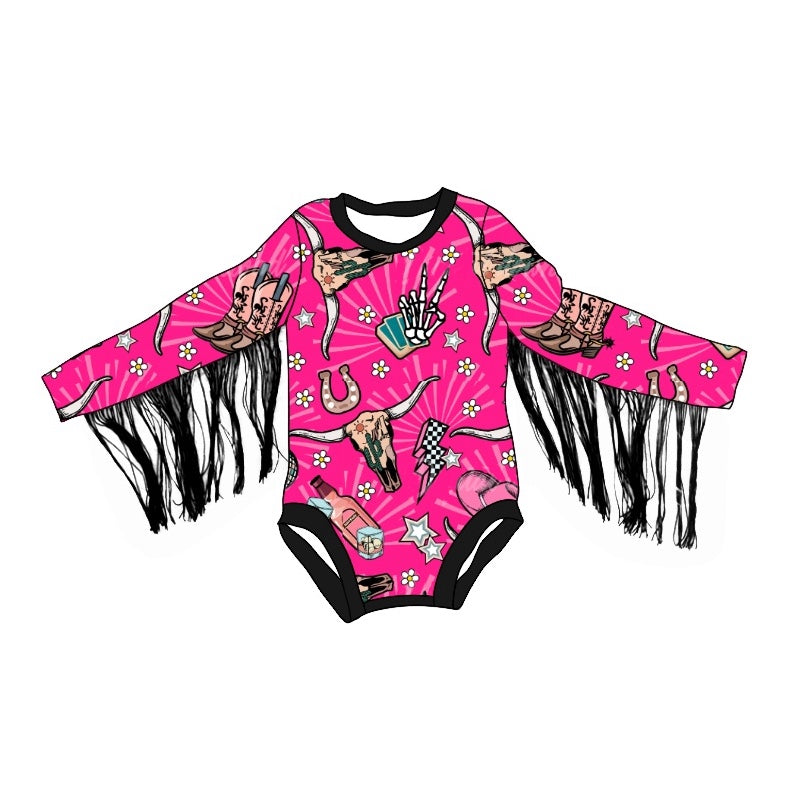 Baby Infant Girls Rompers Pink Cow Skull Western Tassel Rompers preorder LR1823