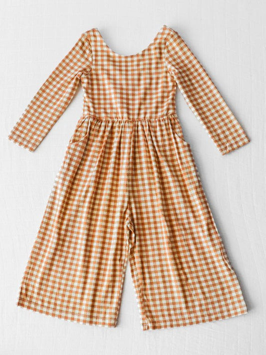 Baby Girls Jumpsuits Khaki Checkered Long Sleeve Fall Jumpsuits Preorder LR1840