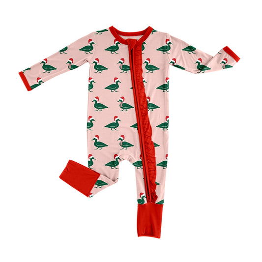 Baby Infant Girls Rompers Pink Christmas Ducks Zip Long Sleeve Rompers preorder LR1862