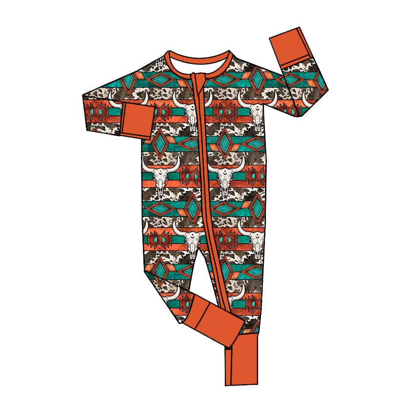 Baby Infant Boys Rompers Cow Skull Western Zip Rompers preorder LR1869