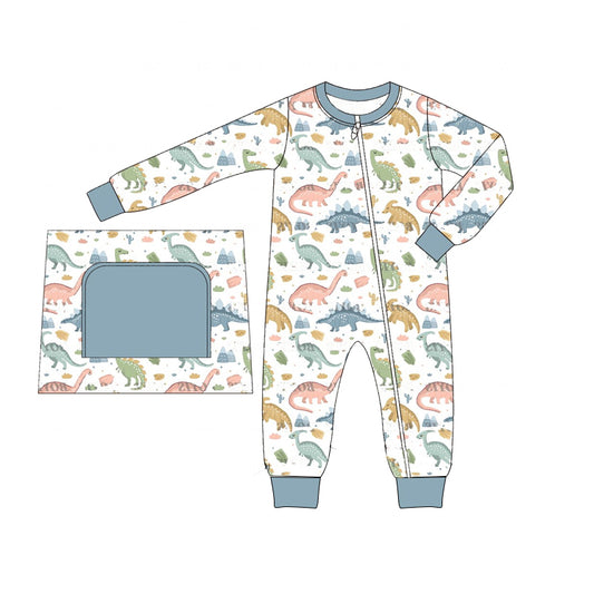 Baby Infant Boys Rompers Blue Dinosaurs Zip Long Sleeve Rompers preorder LR1938