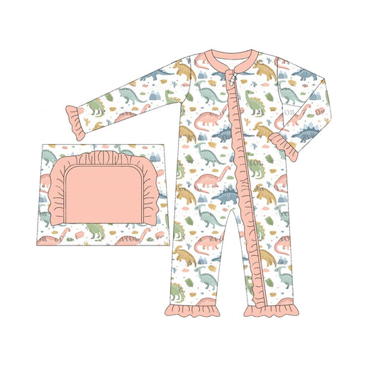 Baby Infant Girls Rompers Pink Dinosaurs Zip Long Sleeve Rompers preorder LR1939