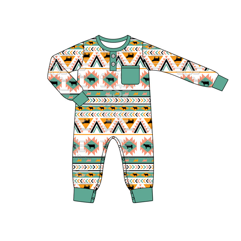 Baby Infant Boys Rompers Western Cow Aztec Pocket Rompers preorder LR1953