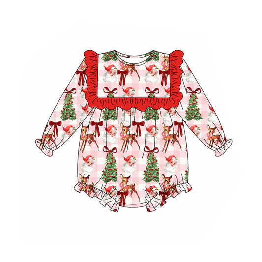 Baby Girls Rompers Long Sleeves Pink Plaid Santa Trees Ruffle Rompers Preorder LR2274 5.30
