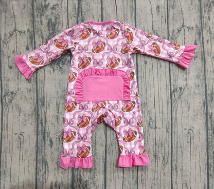 Baby Girls Rompers Long Ruffle Sleeves Pink Bows Footballs Zipper Rompers Preorder LR2361 8.2