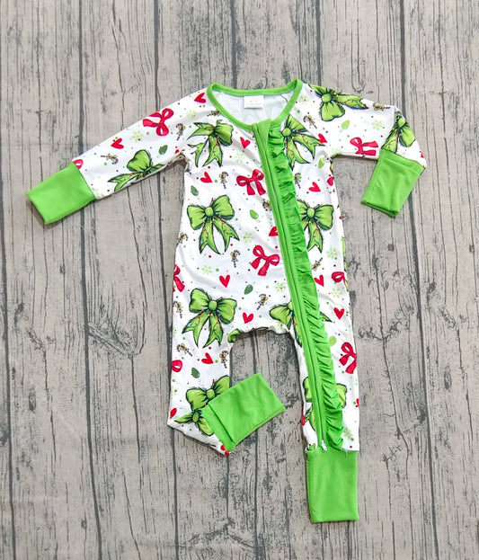 Baby Girls Rompers Christmas Green Red Bows Hearts Ruffle Zipper Rompers Preorder LR2482 8.2