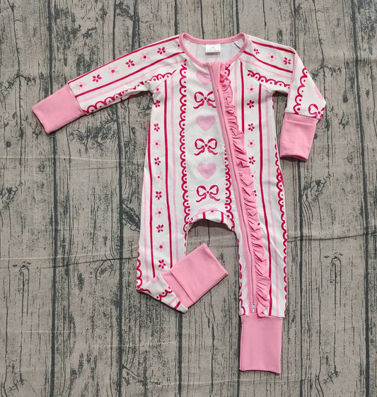 Baby Girls Pink Bows Hearst Stripe Valentine Ruffle Zipper Footie Rompers Preorder 10.25