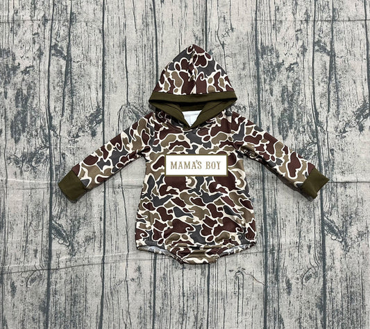 Embroidery Mama's Boy Baby Boys Brown Camo Hoodie Rompers Preorder 10.25