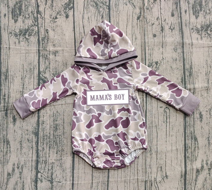Embroidery Mama's Boy Baby Boys Camo Hoodie Rompers Preorder 10.25