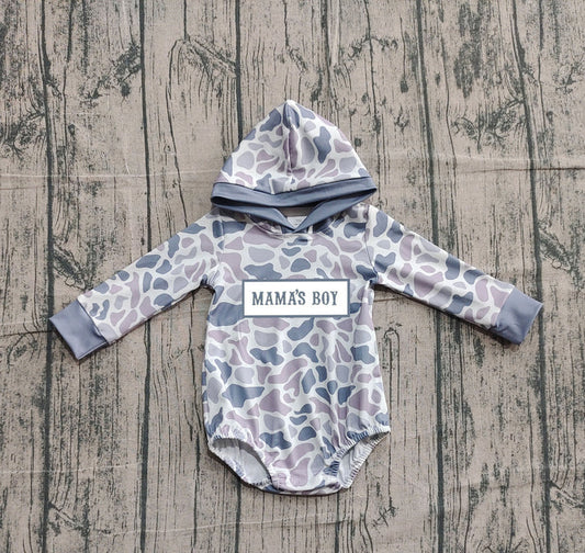 Embroidery Mama's Boy Baby Boys Grey Camo Hoodie Rompers Preorder 10.25