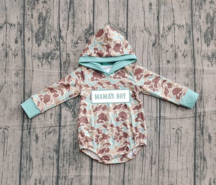 Embroidery Mama's Boy Baby Boys Green Camo Hoodie Rompers Preorder 10.25