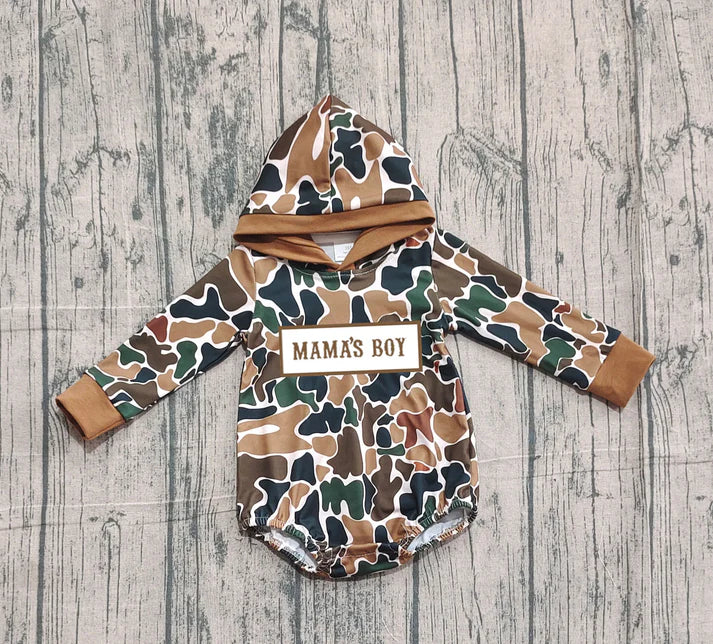 Embroidery Mama's Boy Baby Boys Dark Brown Camo Hoodie Rompers Preorder 10.25