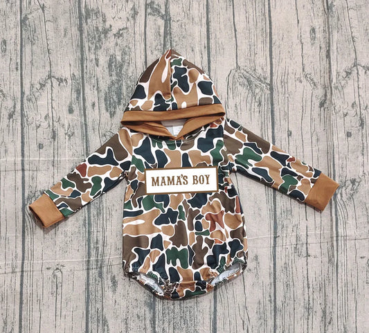 Embroidery Mama's Boy Baby Boys Dark Brown Camo Hoodie Rompers Preorder 10.25
