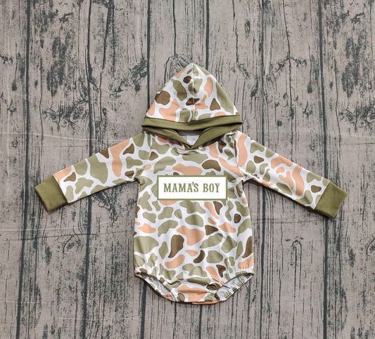 Embroidery Mama's Boy Baby Boys Green Orange Camo Hoodie Rompers Preorder 10.25