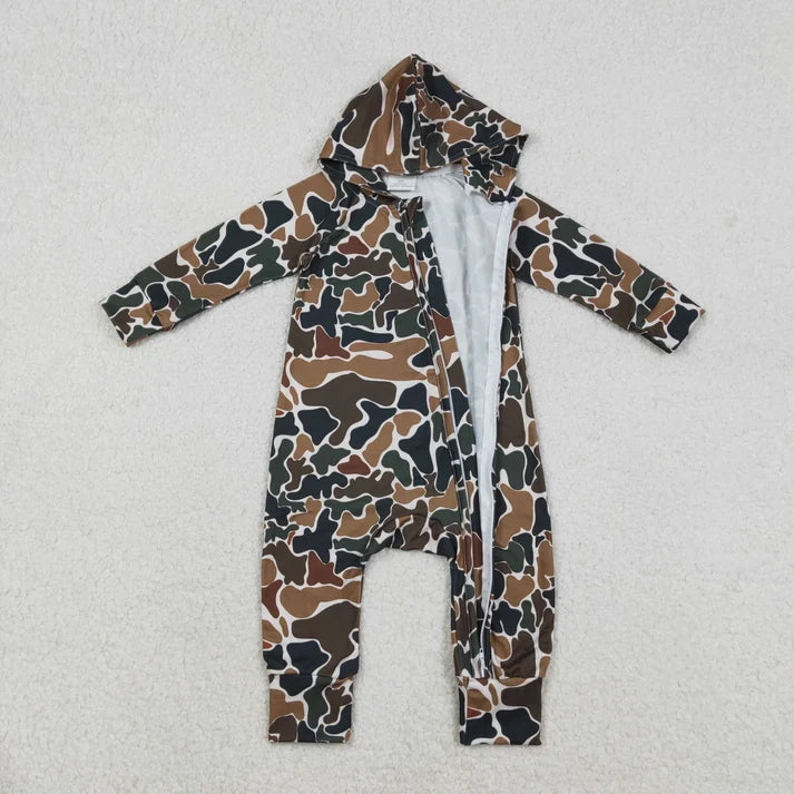 Sibling Baby Boys Southern Hunting Camo Button Two Way Zip Convertible Hoodie Rompers
