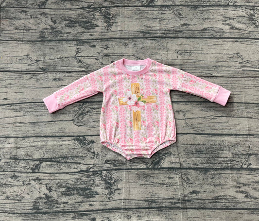 Baby Girls Pink Flowers Stripe Cross Easter Rompers Preorder 11.17 LR2837