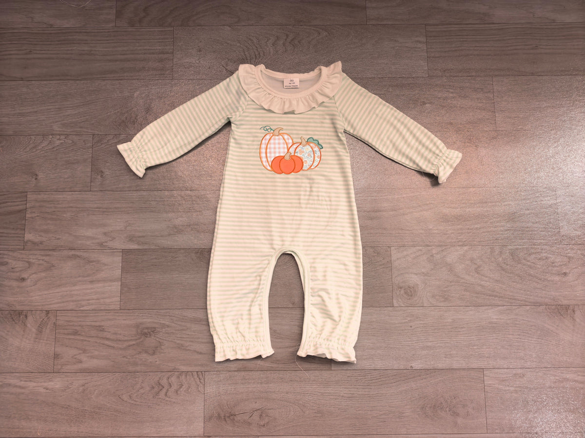 Baby Girls Rompers Embroidery Flower Pumpkins Green Stripe Fall Pant Rompers Preorder LR3137