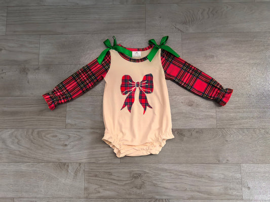 Baby Girls Rompers Embroidery Checked Bows Red Green Christmas Ruffle Rompers Preorder LR3163