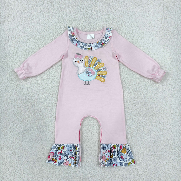 Sibling Baby Girls Embroidery Flowers Turkey Flare Pant Thanksgiving Set Pant Rompers